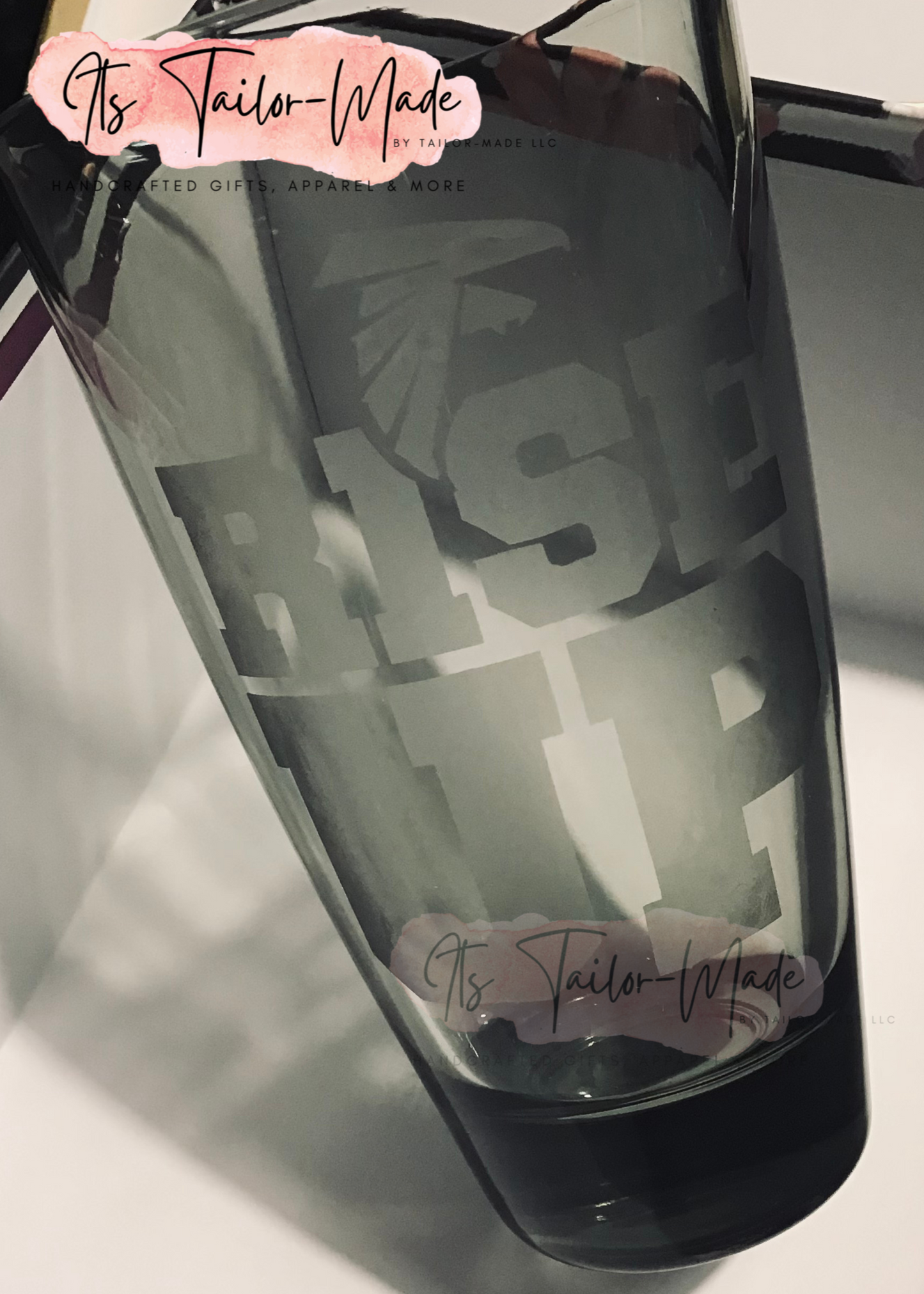 RISE UP ETCHED DRINKING GLASS- SMOKED BLACK