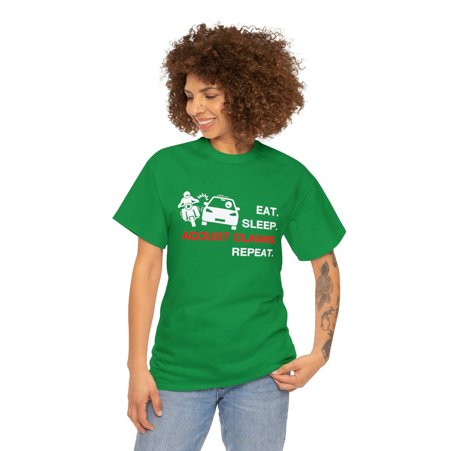 Claims Adjuster (Motorcyclist / Car / White) Unisex Heavy Cotton Tee