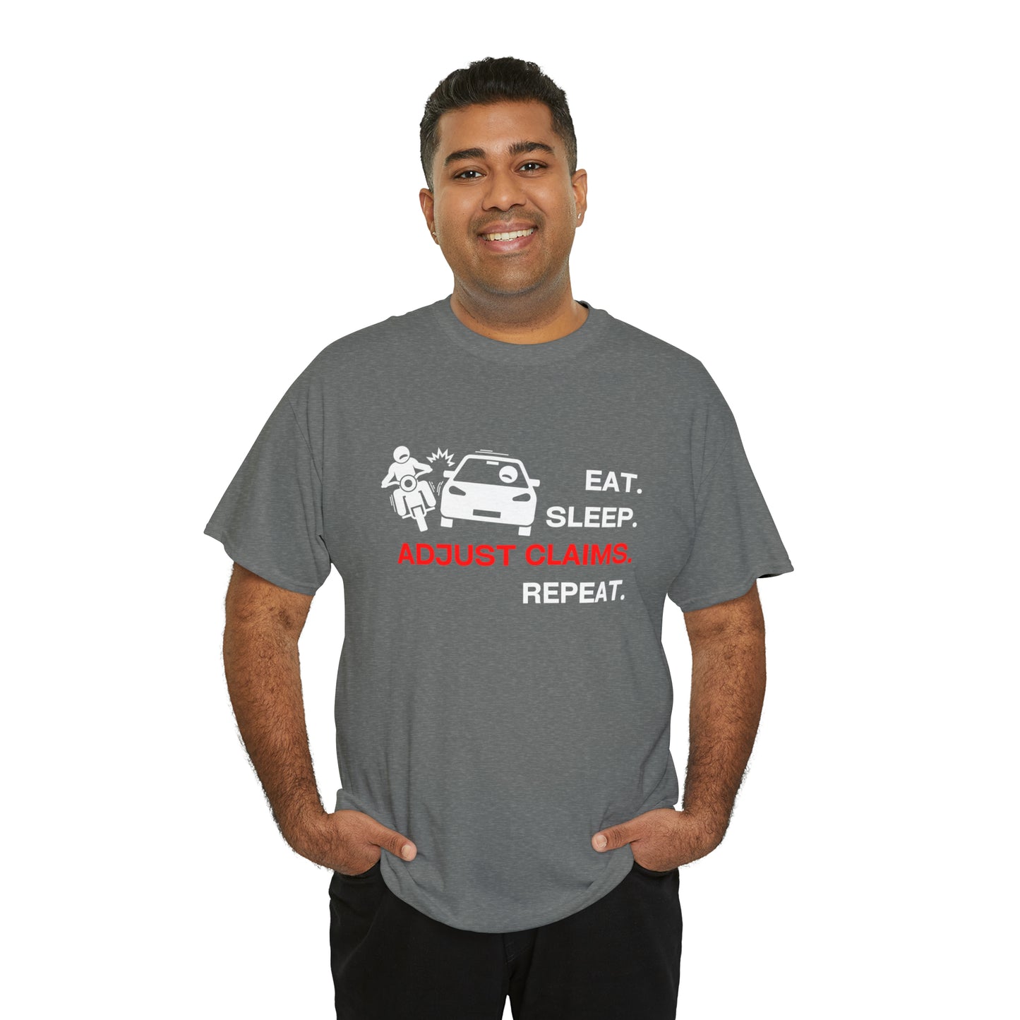 Claims Adjuster (Motorcyclist / Car / White) Unisex Heavy Cotton Tee