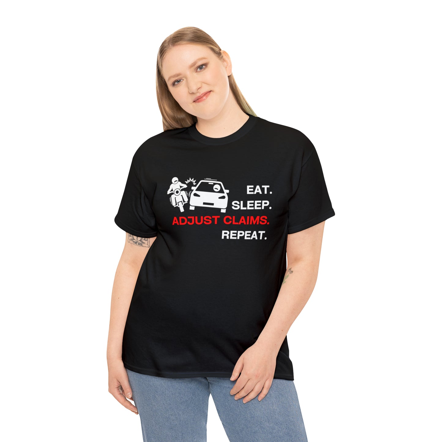 Claims Adjuster (Motorcyclist / Car / White) Unisex Heavy Cotton Tee