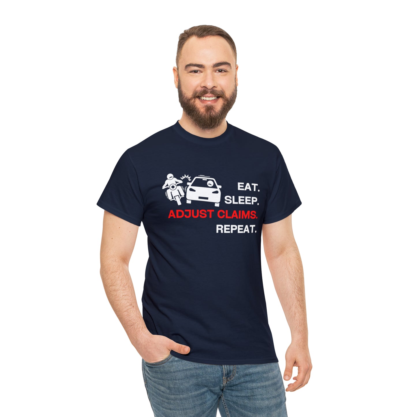 Claims Adjuster (Motorcyclist / Car / White) Unisex Heavy Cotton Tee