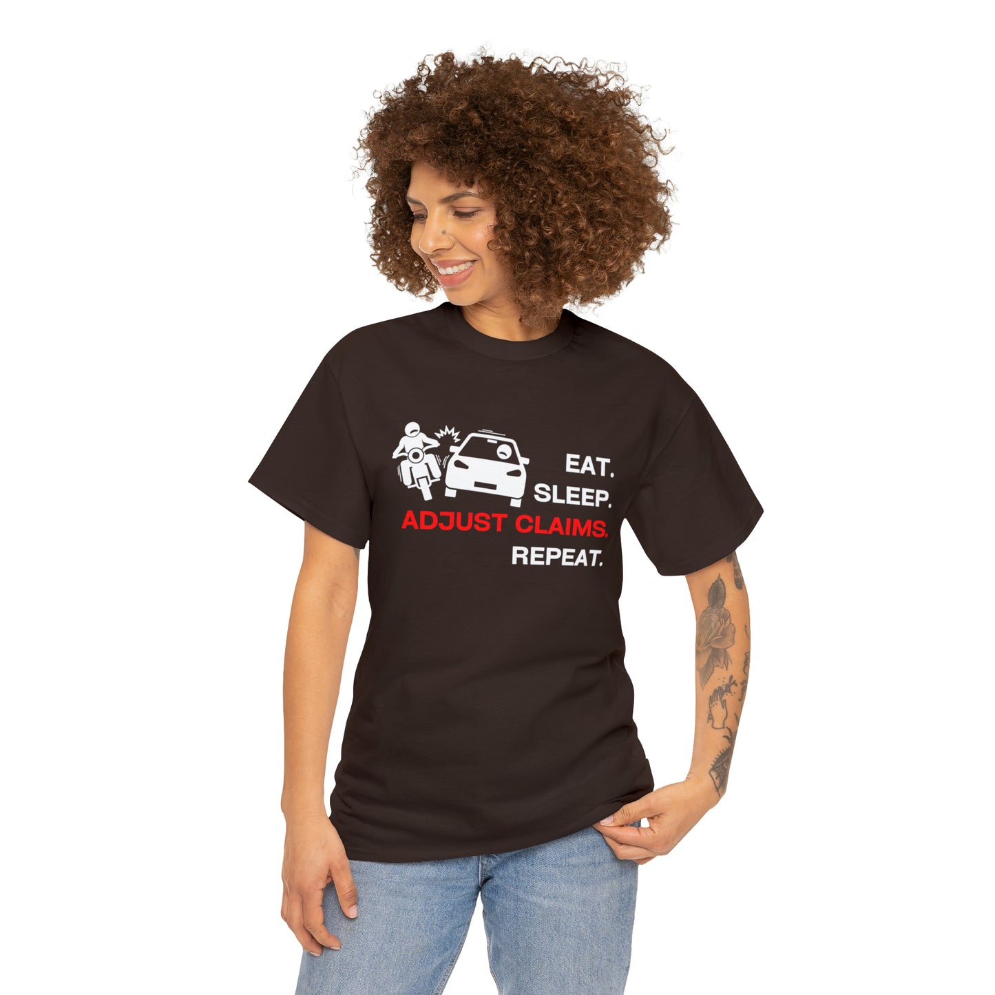 Claims Adjuster (Motorcyclist / Car / White) Unisex Heavy Cotton Tee