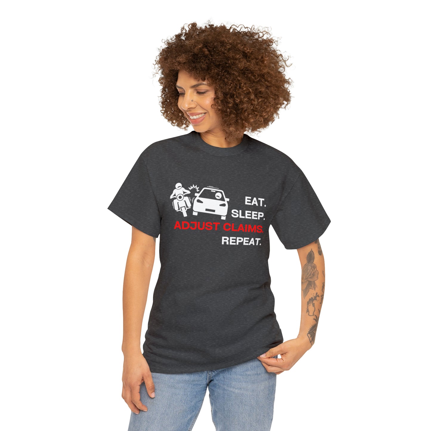 Claims Adjuster (Motorcyclist / Car / White) Unisex Heavy Cotton Tee