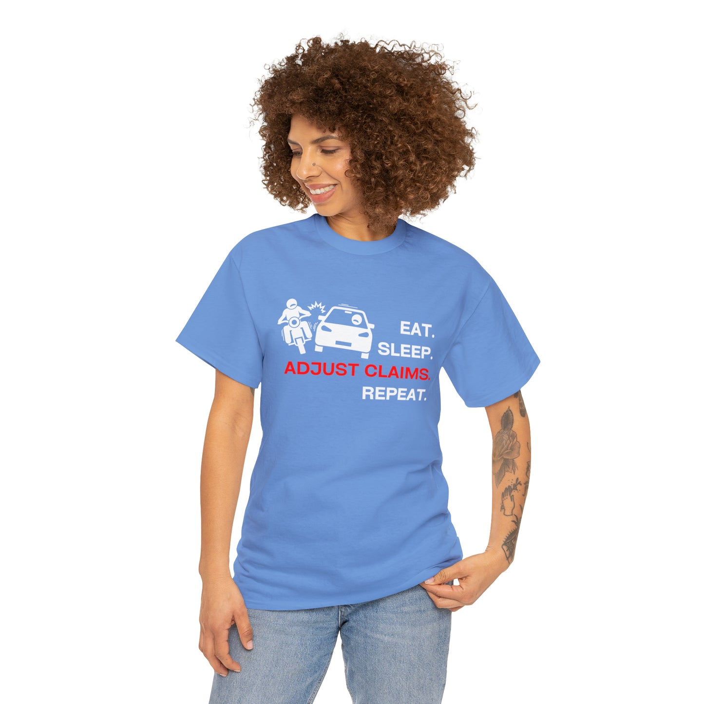 Claims Adjuster (Motorcyclist / Car / White) Unisex Heavy Cotton Tee