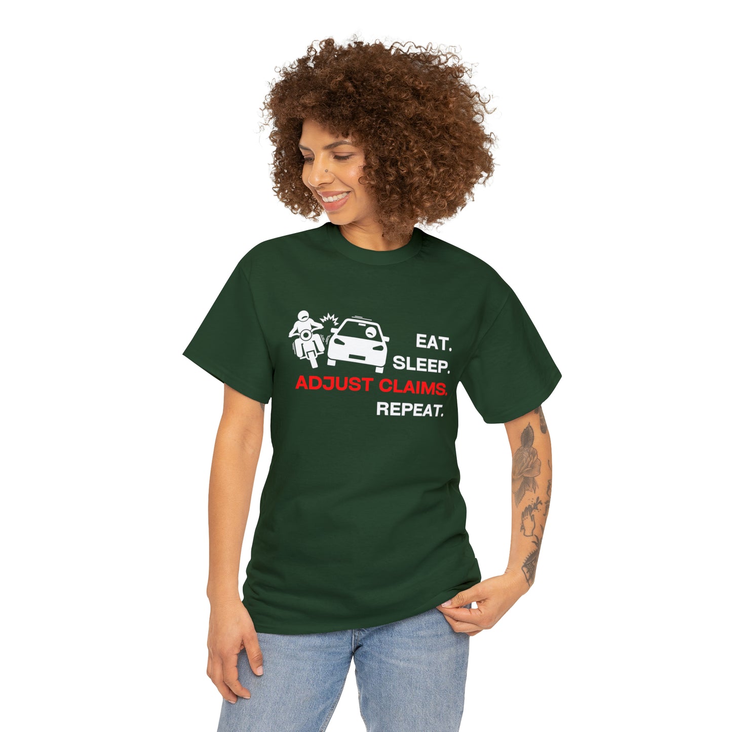 Claims Adjuster (Motorcyclist / Car / White) Unisex Heavy Cotton Tee