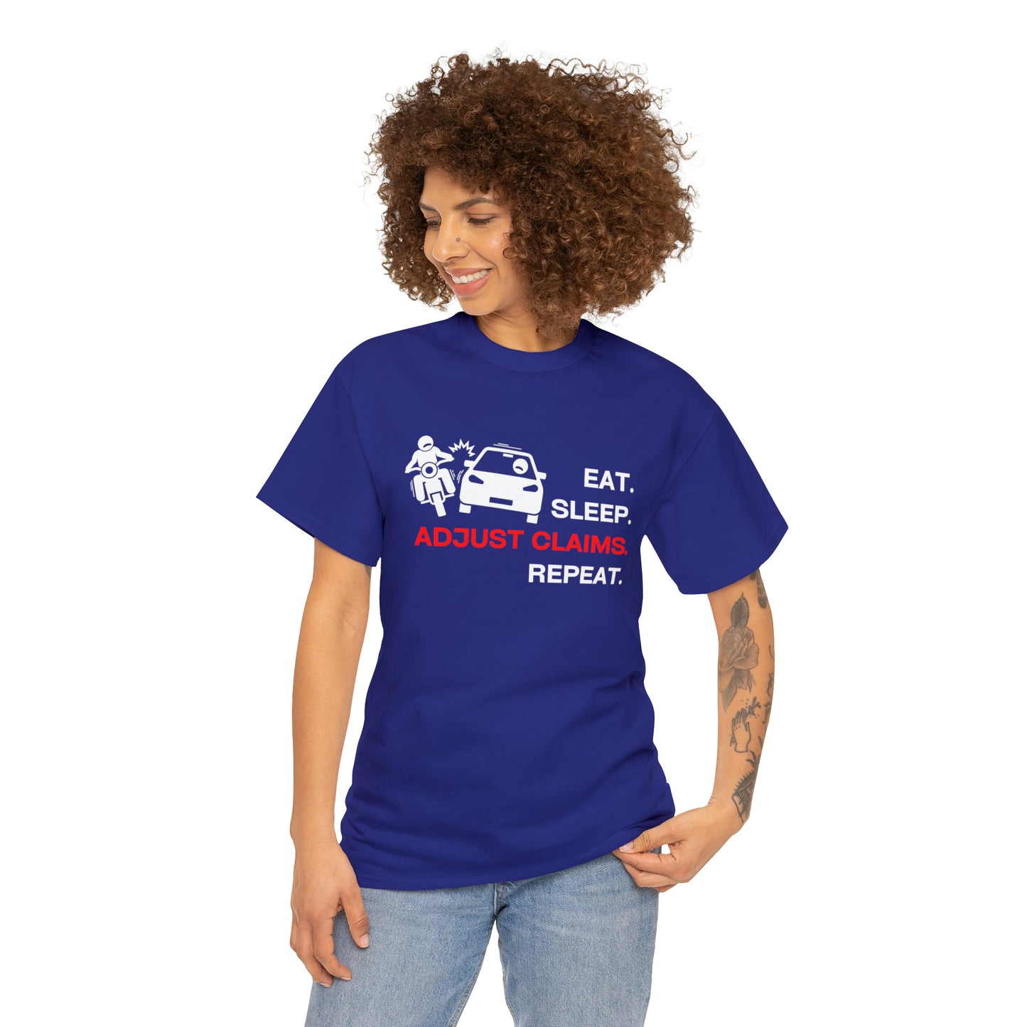 Claims Adjuster (Motorcyclist / Car / White) Unisex Heavy Cotton Tee