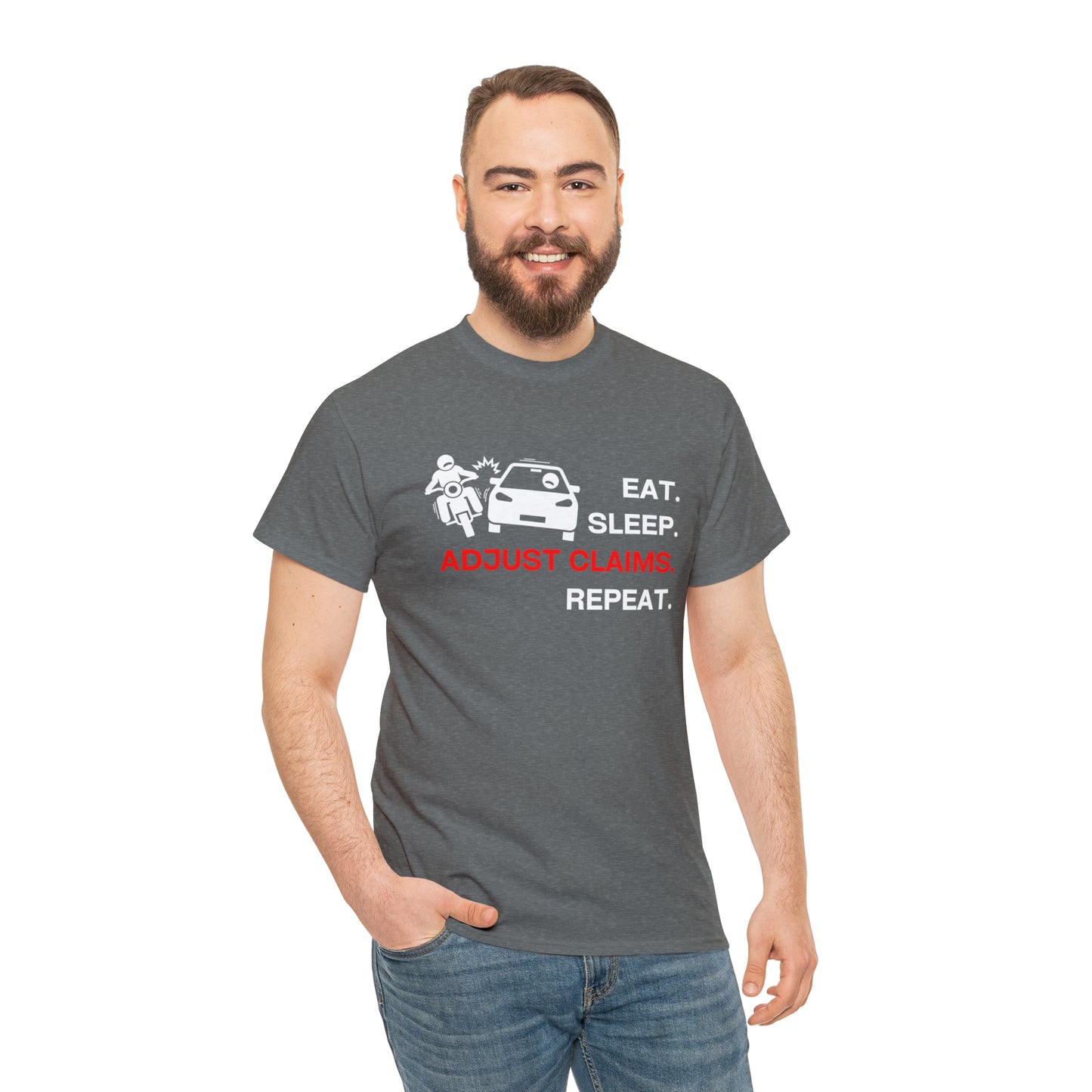 Claims Adjuster (Motorcyclist / Car / White) Unisex Heavy Cotton Tee