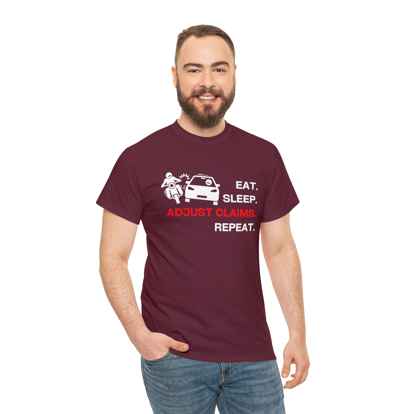 Claims Adjuster (Motorcyclist / Car / White) Unisex Heavy Cotton Tee