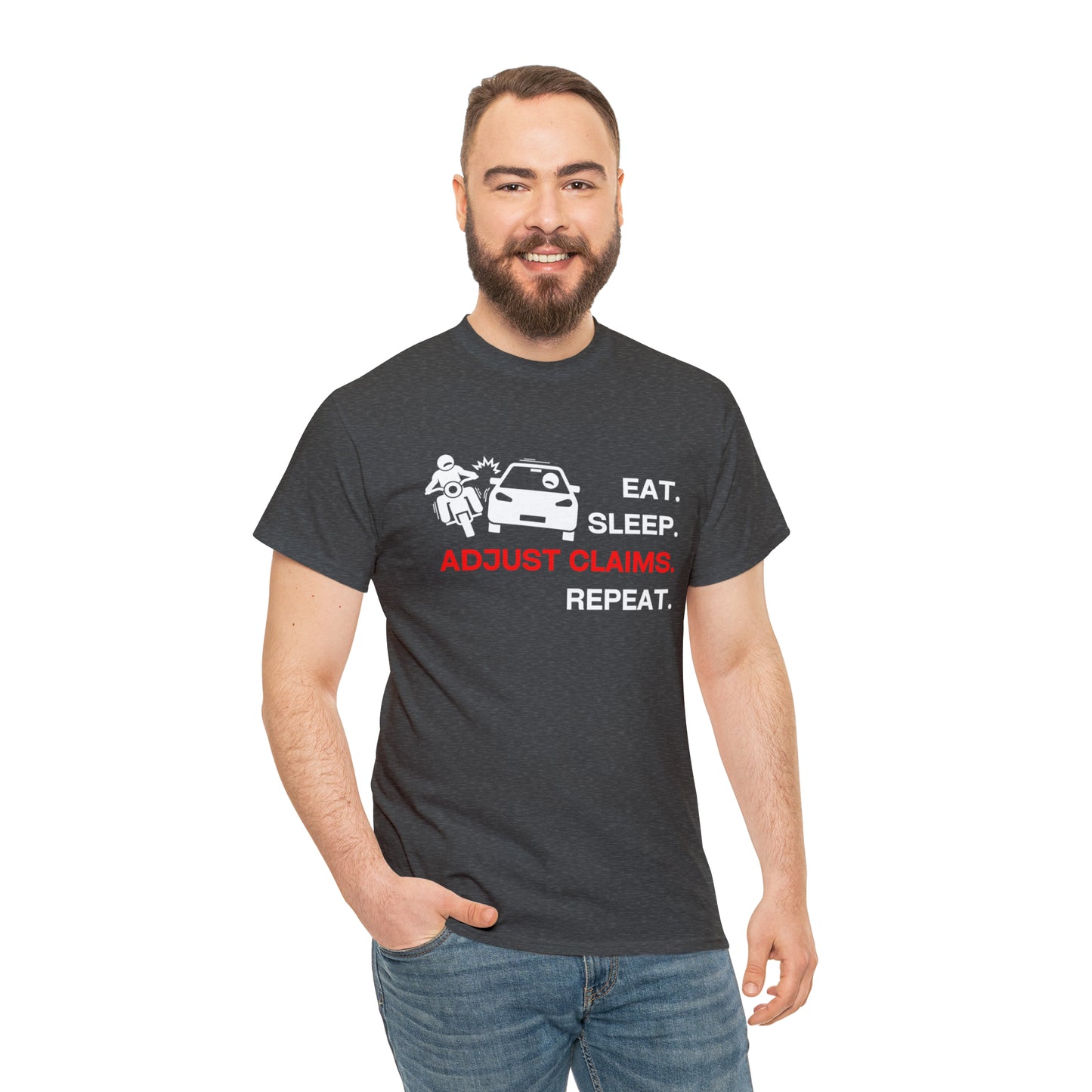 Claims Adjuster (Motorcyclist / Car / White) Unisex Heavy Cotton Tee
