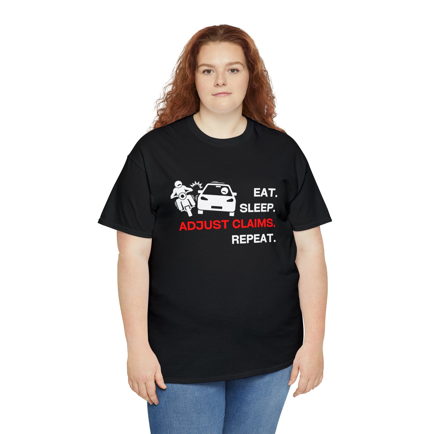 Claims Adjuster (Motorcyclist / Car / White) Unisex Heavy Cotton Tee