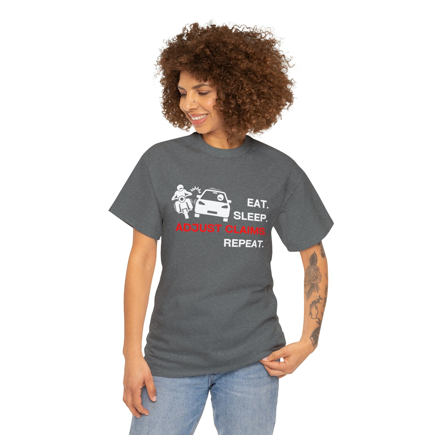 Claims Adjuster (Motorcyclist / Car / White) Unisex Heavy Cotton Tee