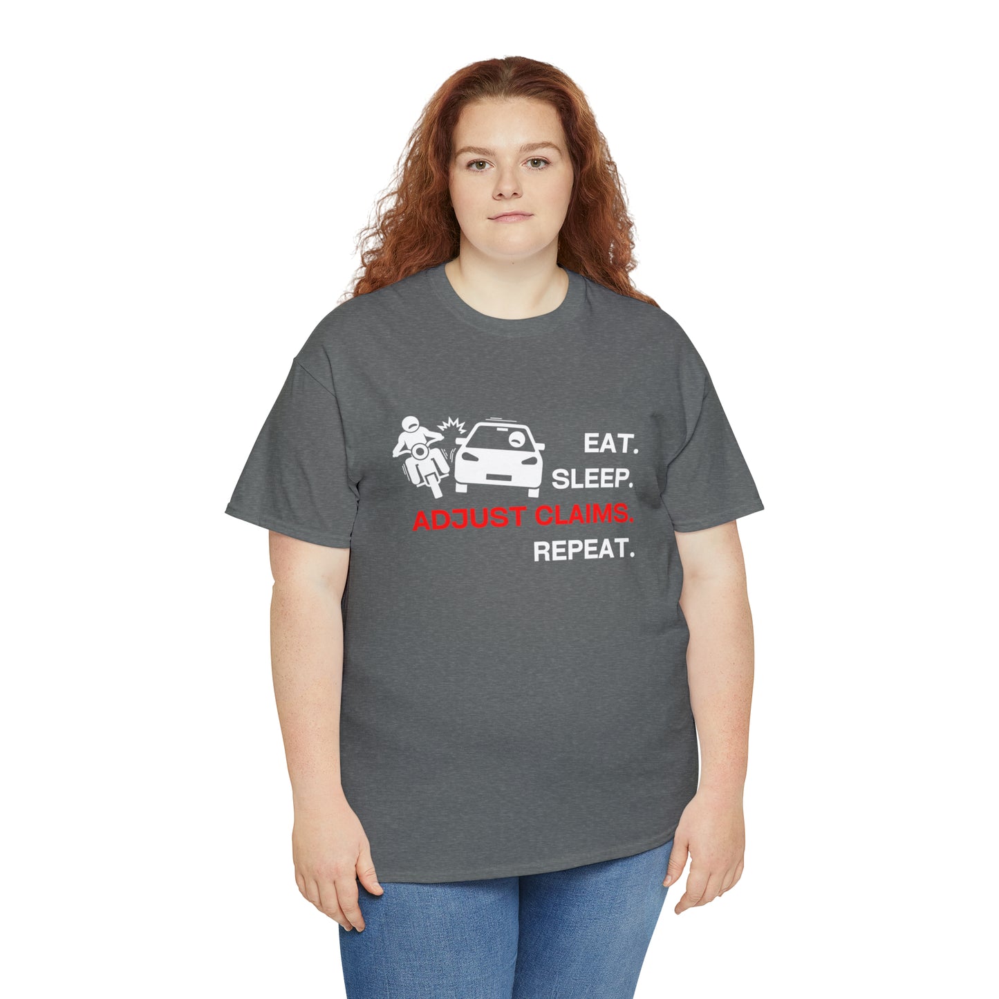 Claims Adjuster (Motorcyclist / Car / White) Unisex Heavy Cotton Tee