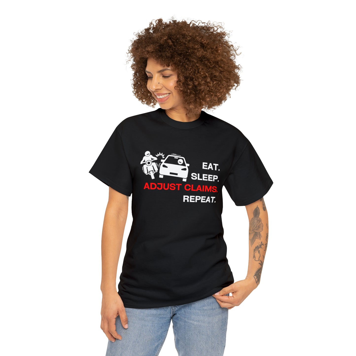 Claims Adjuster (Motorcyclist / Car / White) Unisex Heavy Cotton Tee