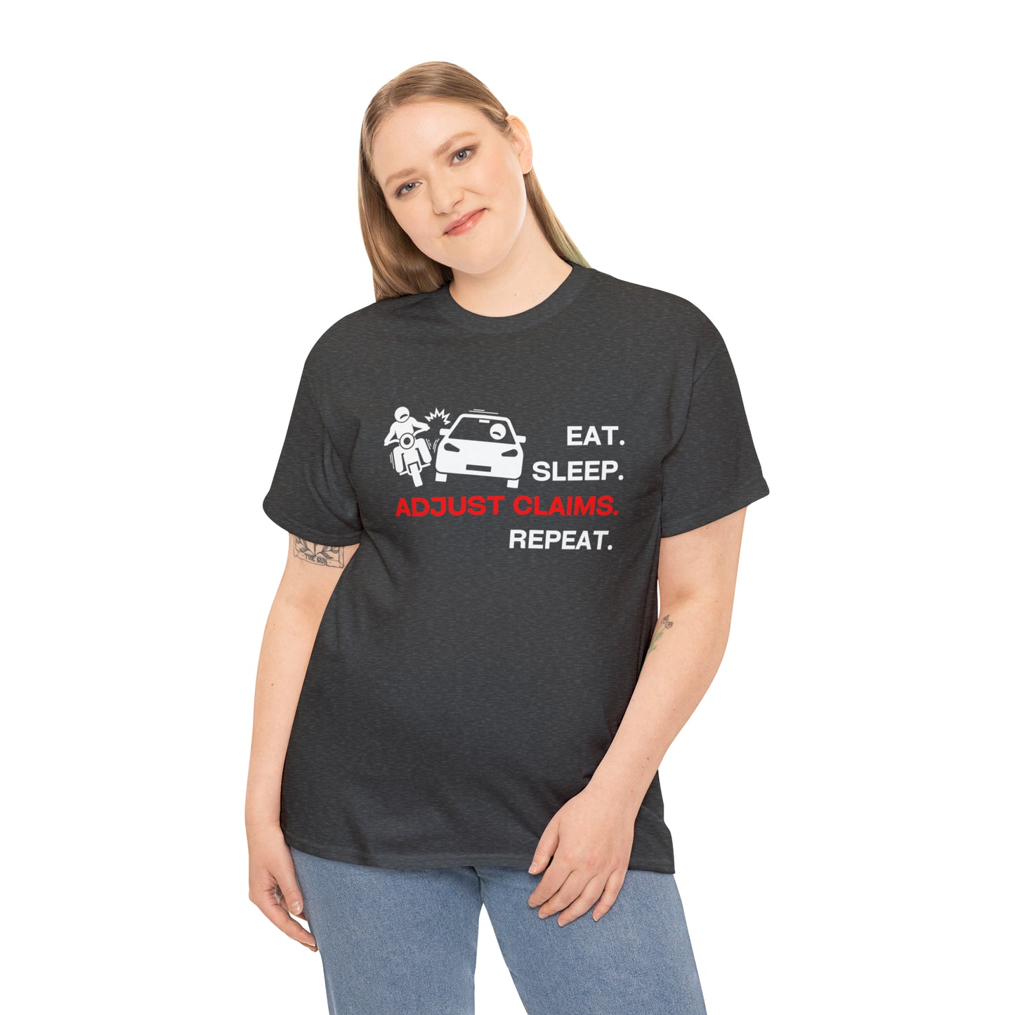 Claims Adjuster (Motorcyclist / Car / White) Unisex Heavy Cotton Tee