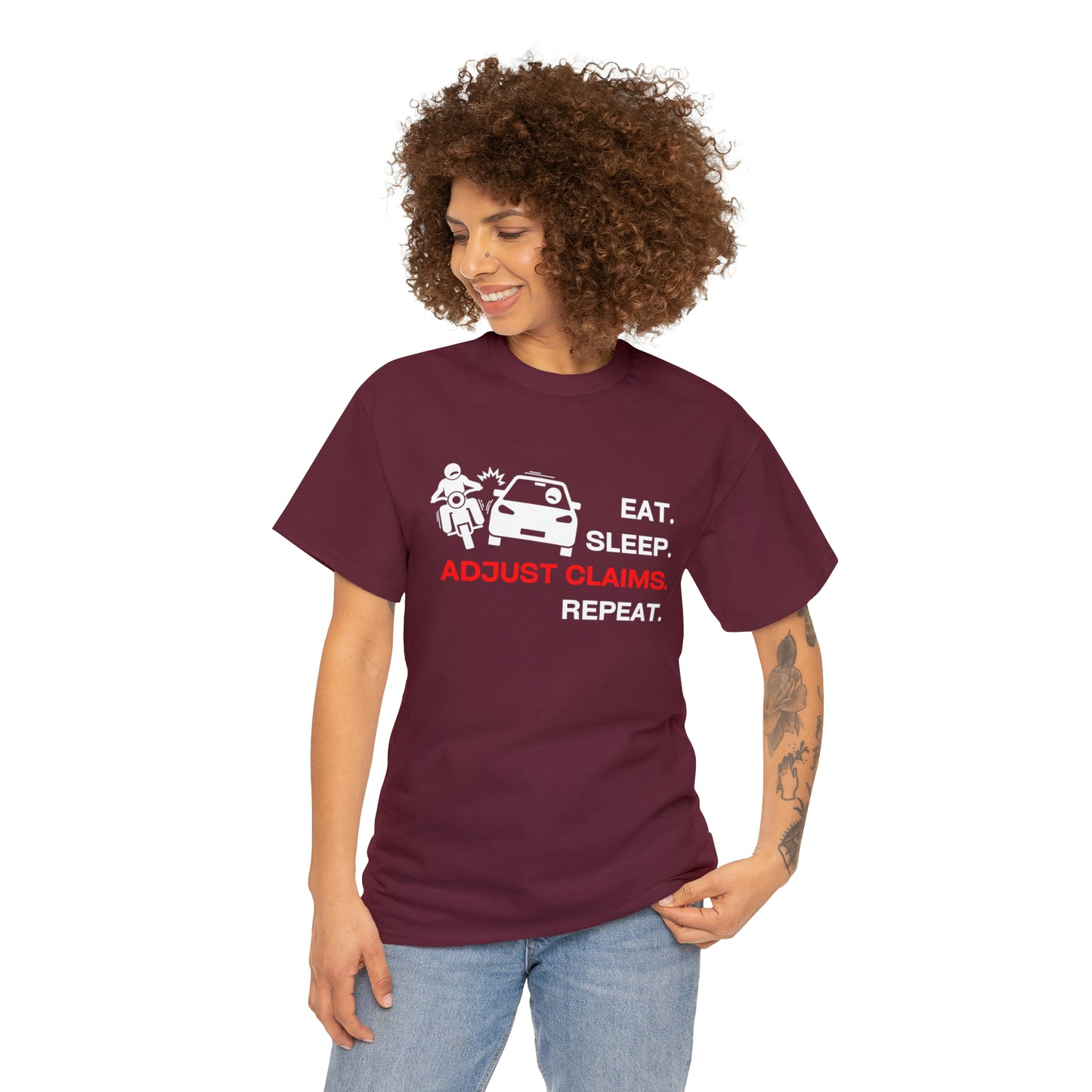 Claims Adjuster (Motorcyclist / Car / White) Unisex Heavy Cotton Tee